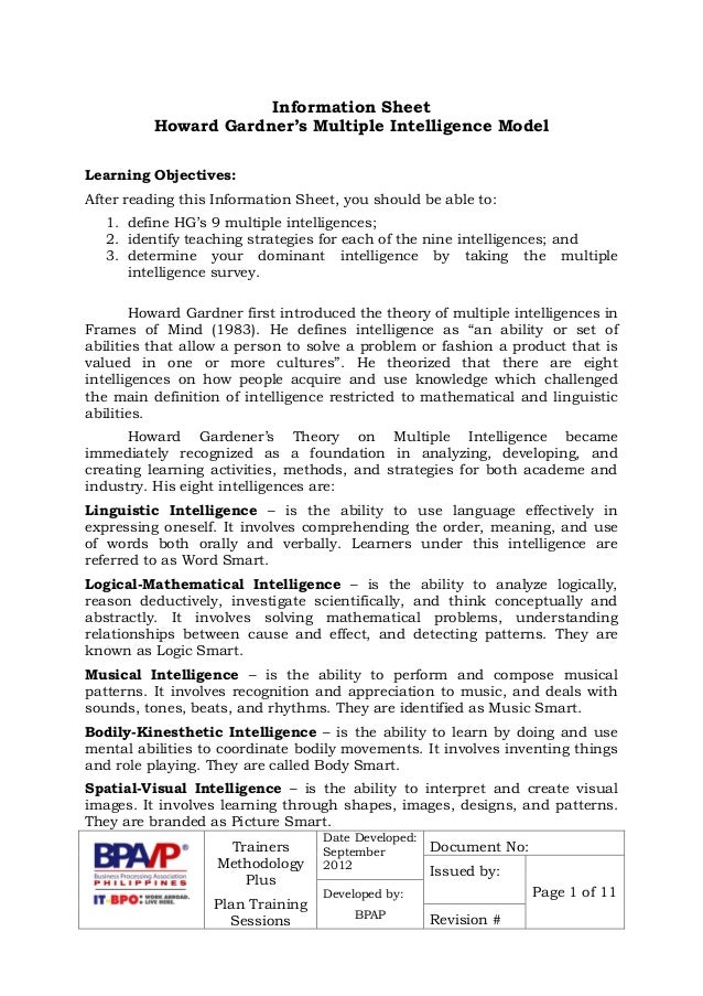 Howard Gardners Numerous Intelligences image about Howard Gardner Multiple Intelligences Test Printable named Howard Gardners A number of Intelligences